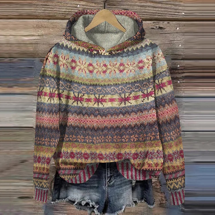 ELIZA & MAREN | HOODED PATTERNED KNIT SWEATER FOR WOMEN