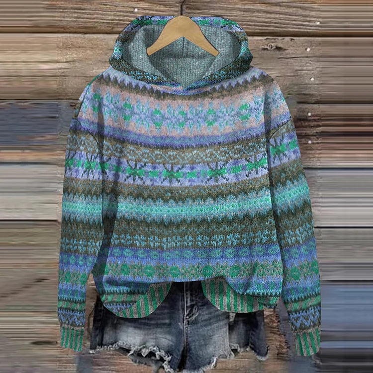 ELIZA & MAREN | HOODED PATTERNED KNIT SWEATER FOR WOMEN