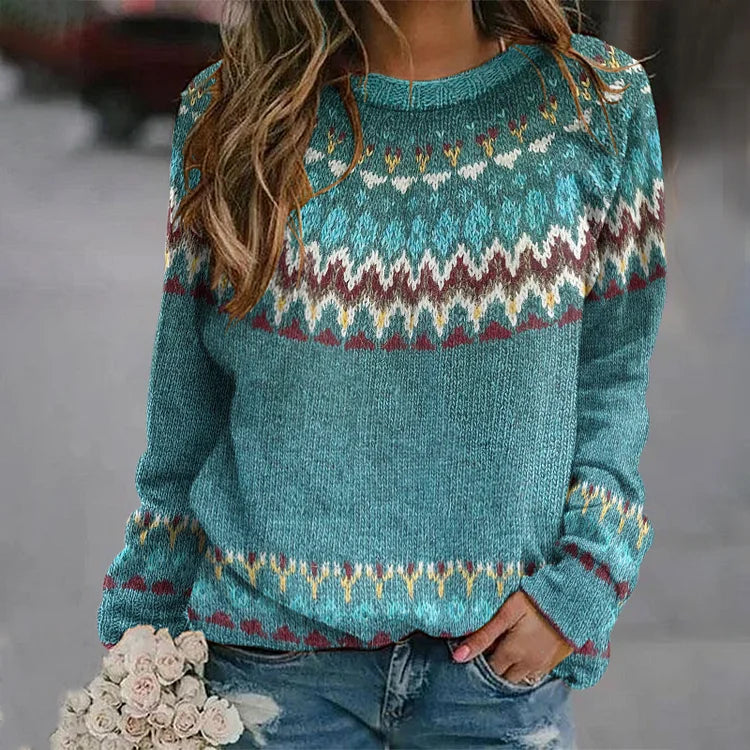 ELIZA & MAREN | TEAL PATTERNED YOKE SWEATER FOR WOMEN