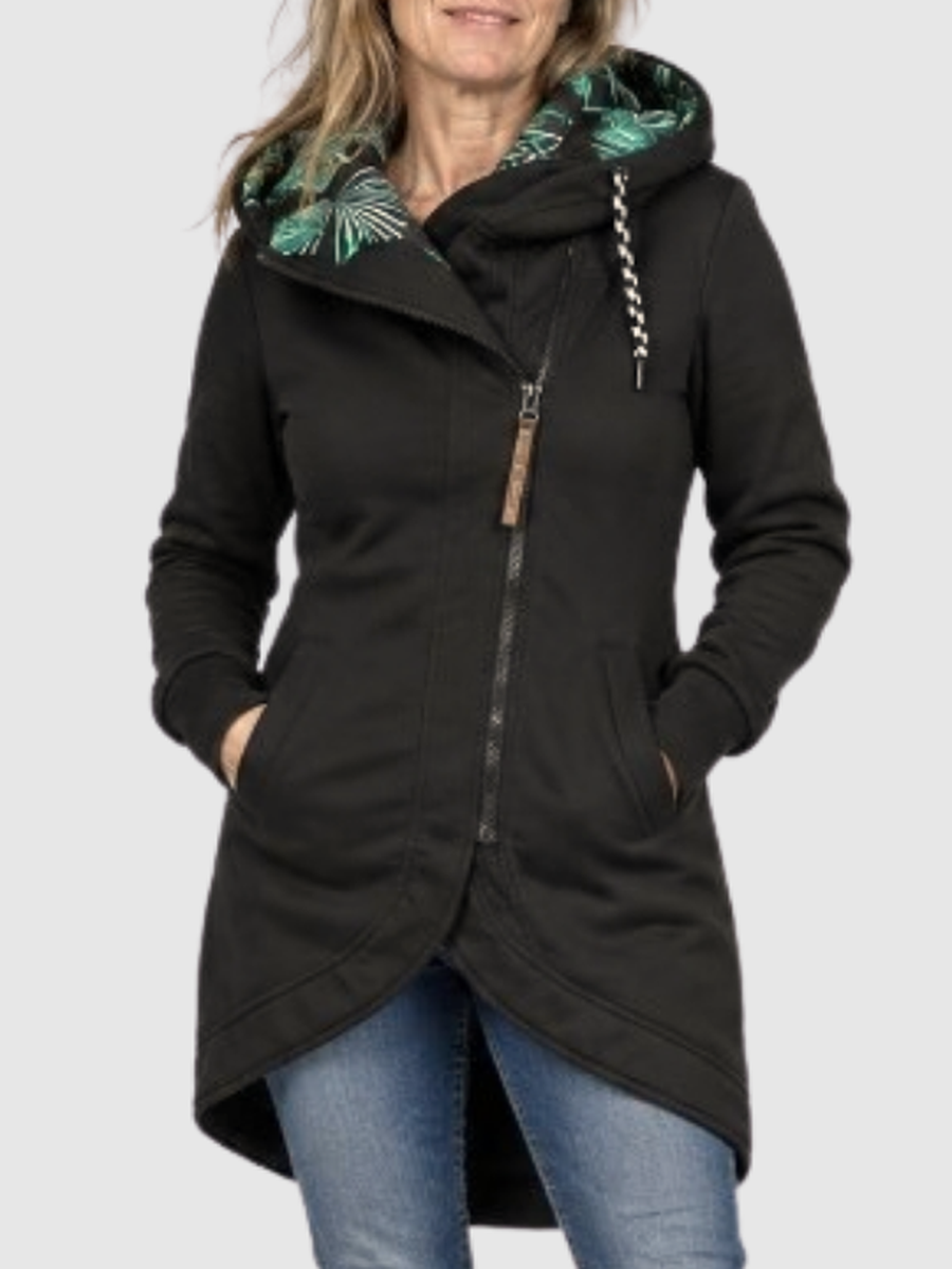 Black hooded jacket shown on a model