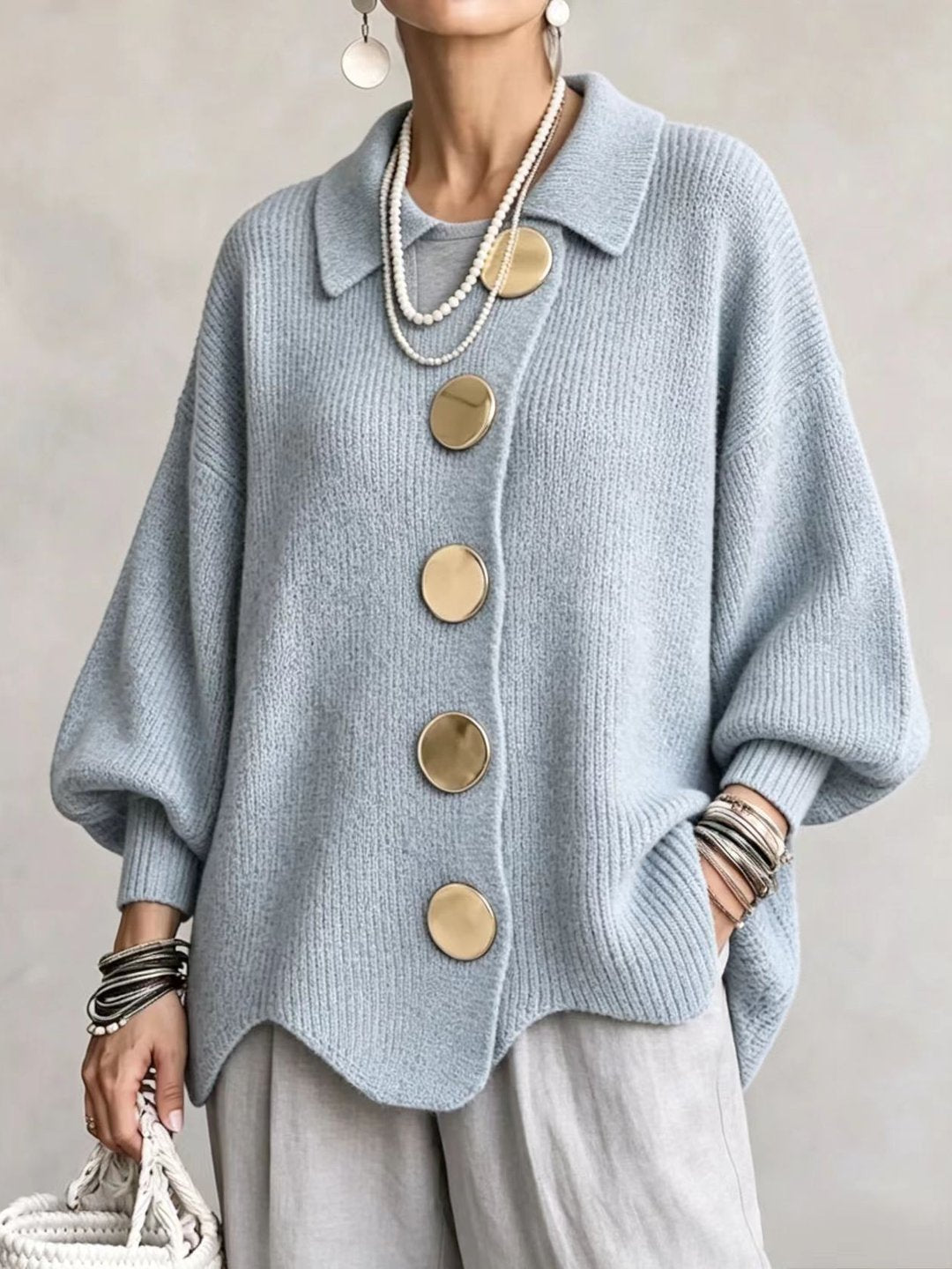 ELIZA & MAREN | OVERSIZED METAL BUTTON CARDIGAN FOR WOMEN