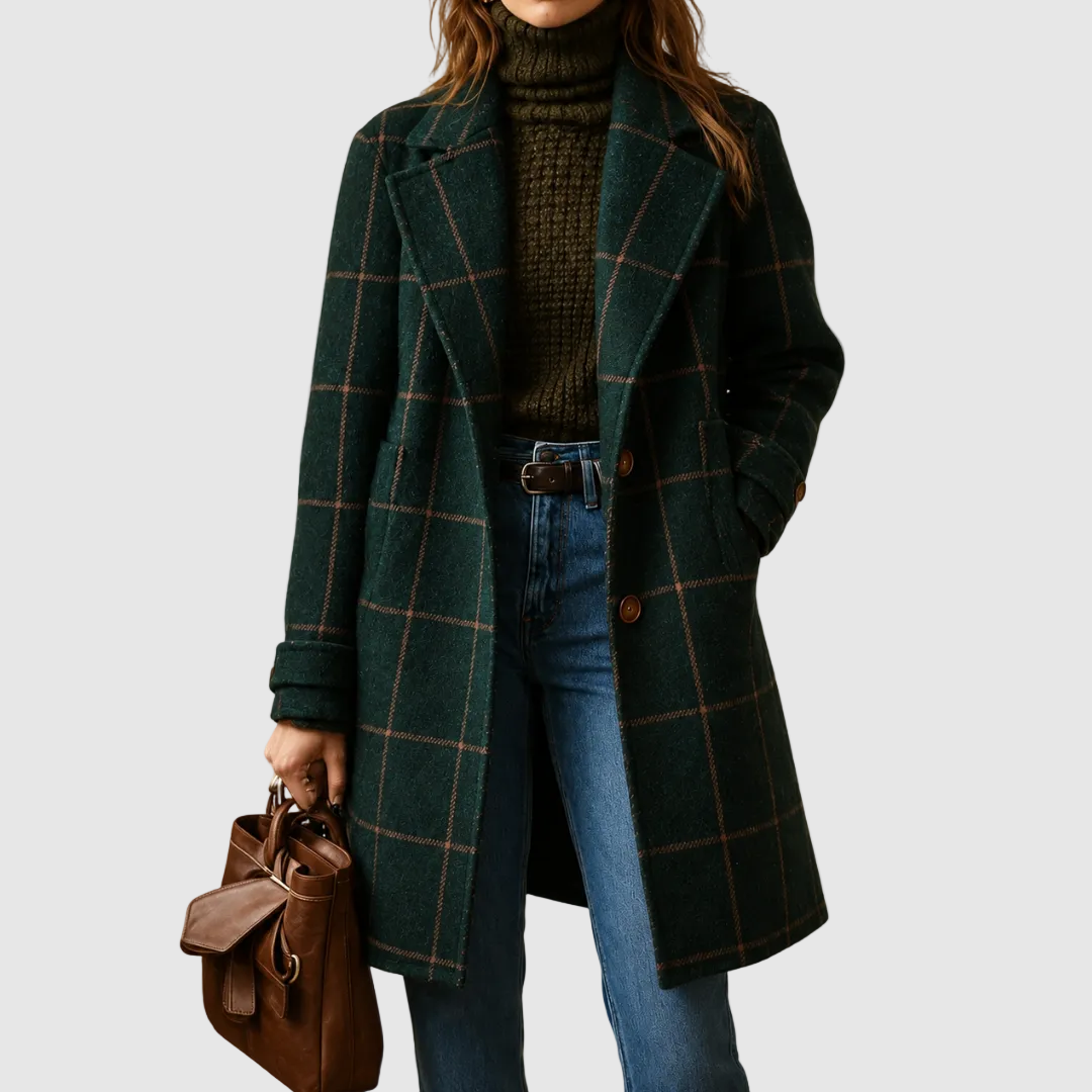 ELIZA & MAREN | WINDOWPANE PLAID LAPEL COAT FOR WOMEN