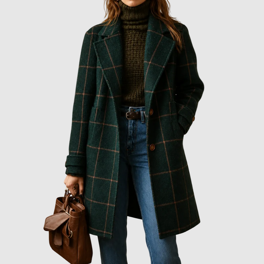 ELIZA & MAREN | WINDOWPANE PLAID LAPEL COAT FOR WOMEN