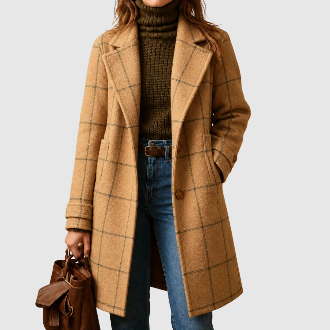 ELIZA & MAREN | WINDOWPANE PLAID LAPEL COAT FOR WOMEN
