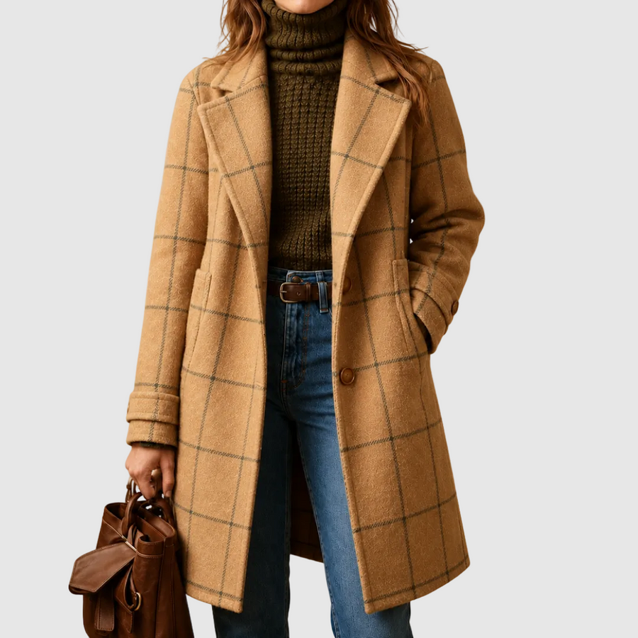 ELIZA & MAREN | WINDOWPANE PLAID LAPEL COAT FOR WOMEN