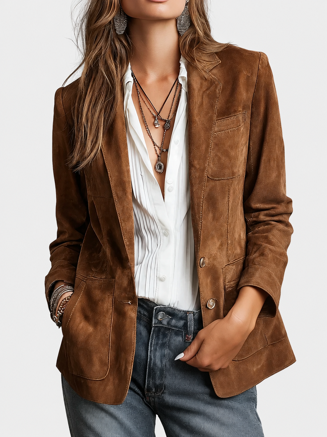 ELIZA & MAREN | BROWN CONTRAST SEAM BLAZER FOR WOMEN