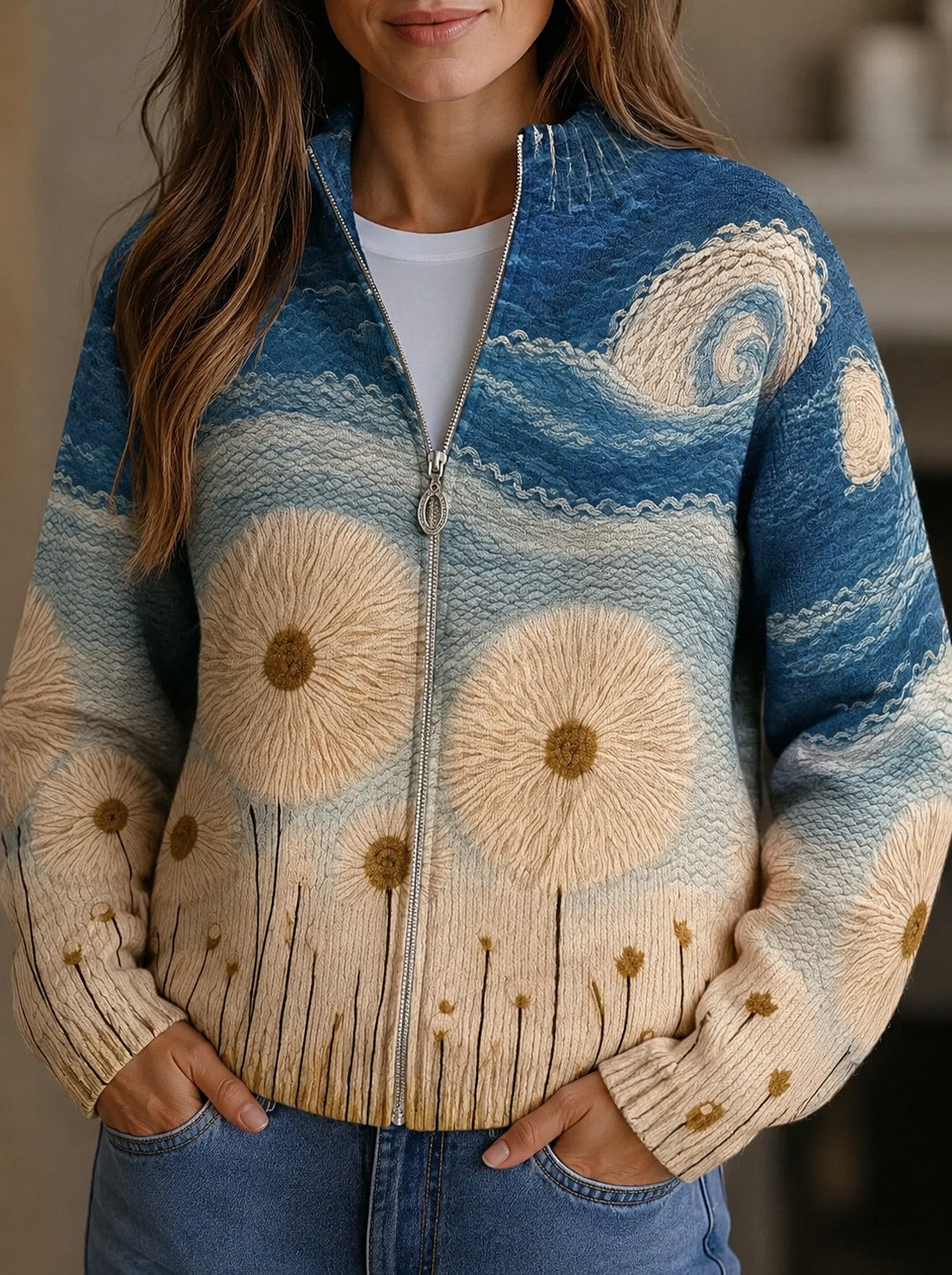 ELIZA & MAREN | MEADOW PRINT ZIP CARDIGAN FOR WOMEN