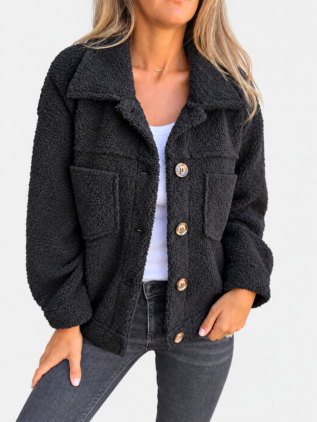 ELIZA & MAREN | BLACK BOUCLE BUTTON JACKET FOR WOMEN