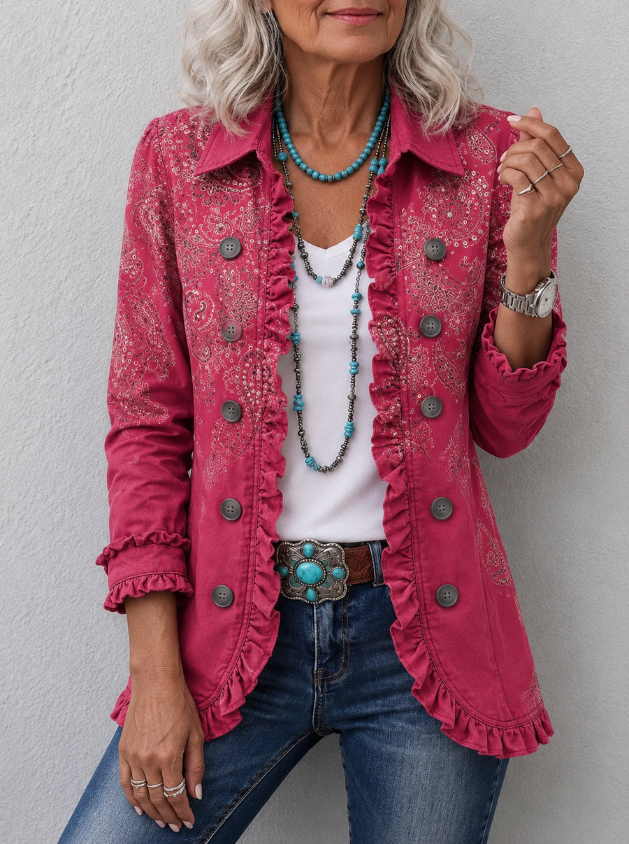 ELIZA & MAREN | PAISLEY LAPEL RUFFLE JACKET FOR WOMEN