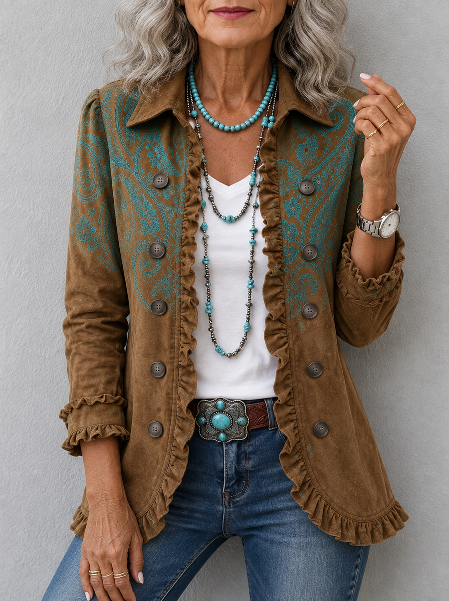 ELIZA & MAREN | CARAMEL PAISLEY RUFFLE JACKET FOR WOMEN