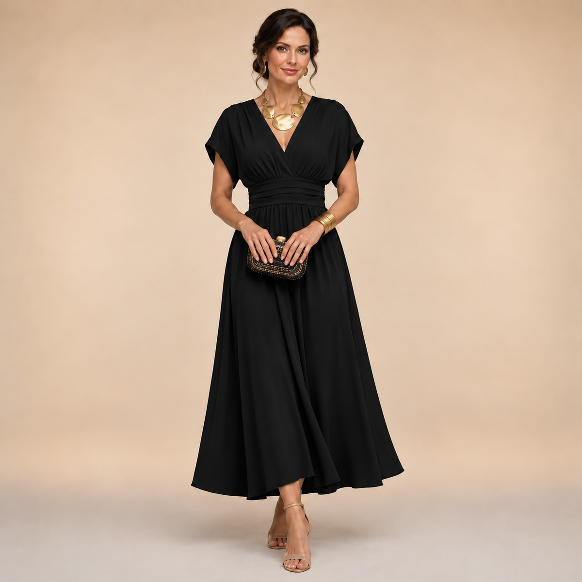 ELIZA & MAREN | V-NECK WRAP MIDI DRESS FOR WOMEN