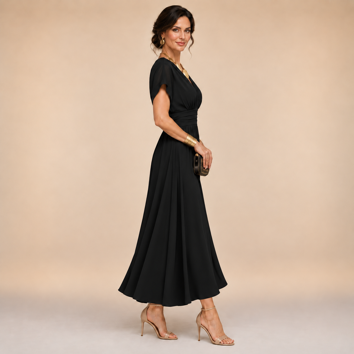 ELIZA & MAREN | V-NECK WRAP MIDI DRESS FOR WOMEN