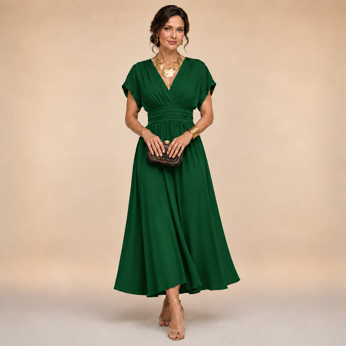 ELIZA & MAREN | V-NECK WRAP MIDI DRESS FOR WOMEN