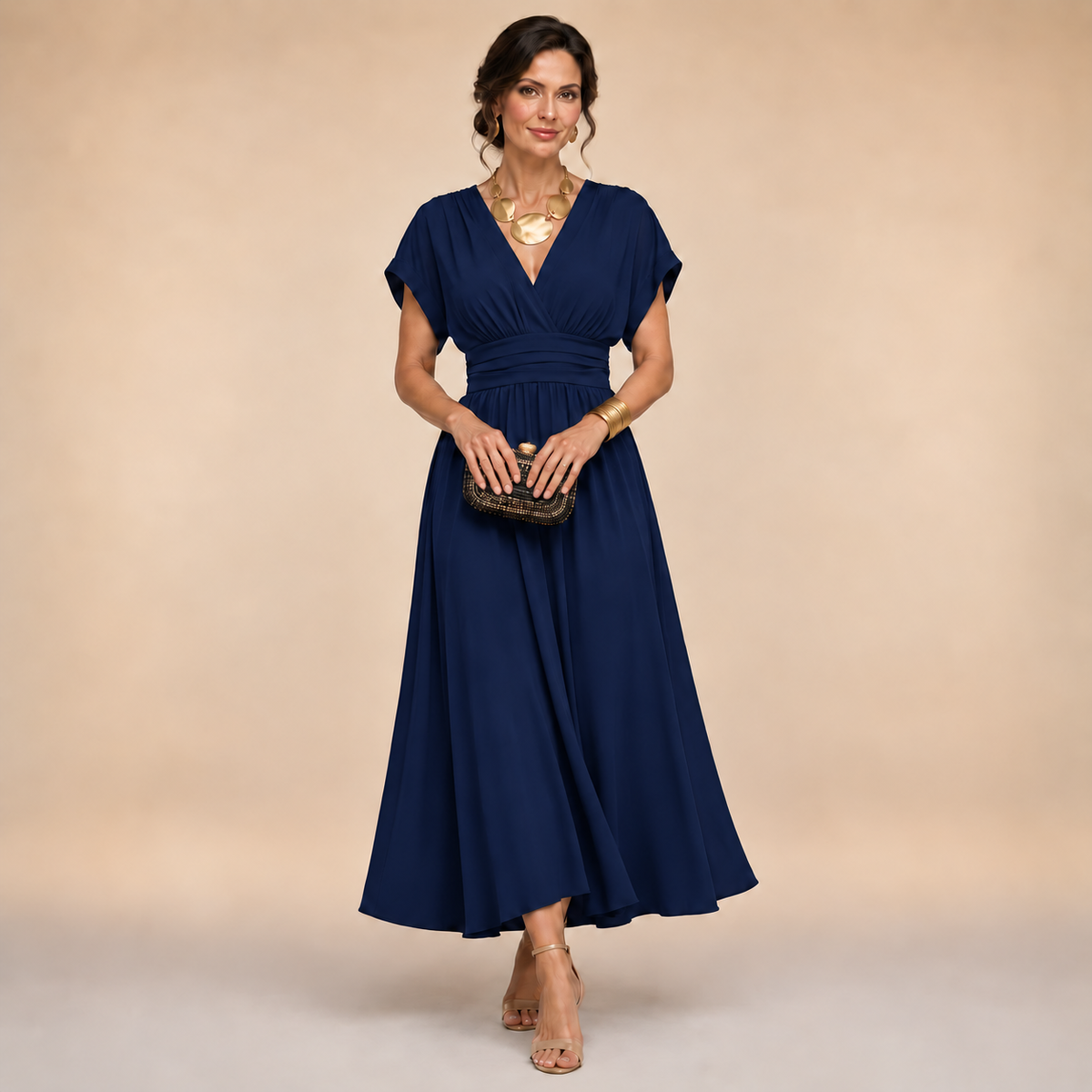 ELIZA & MAREN | V-NECK WRAP MIDI DRESS FOR WOMEN