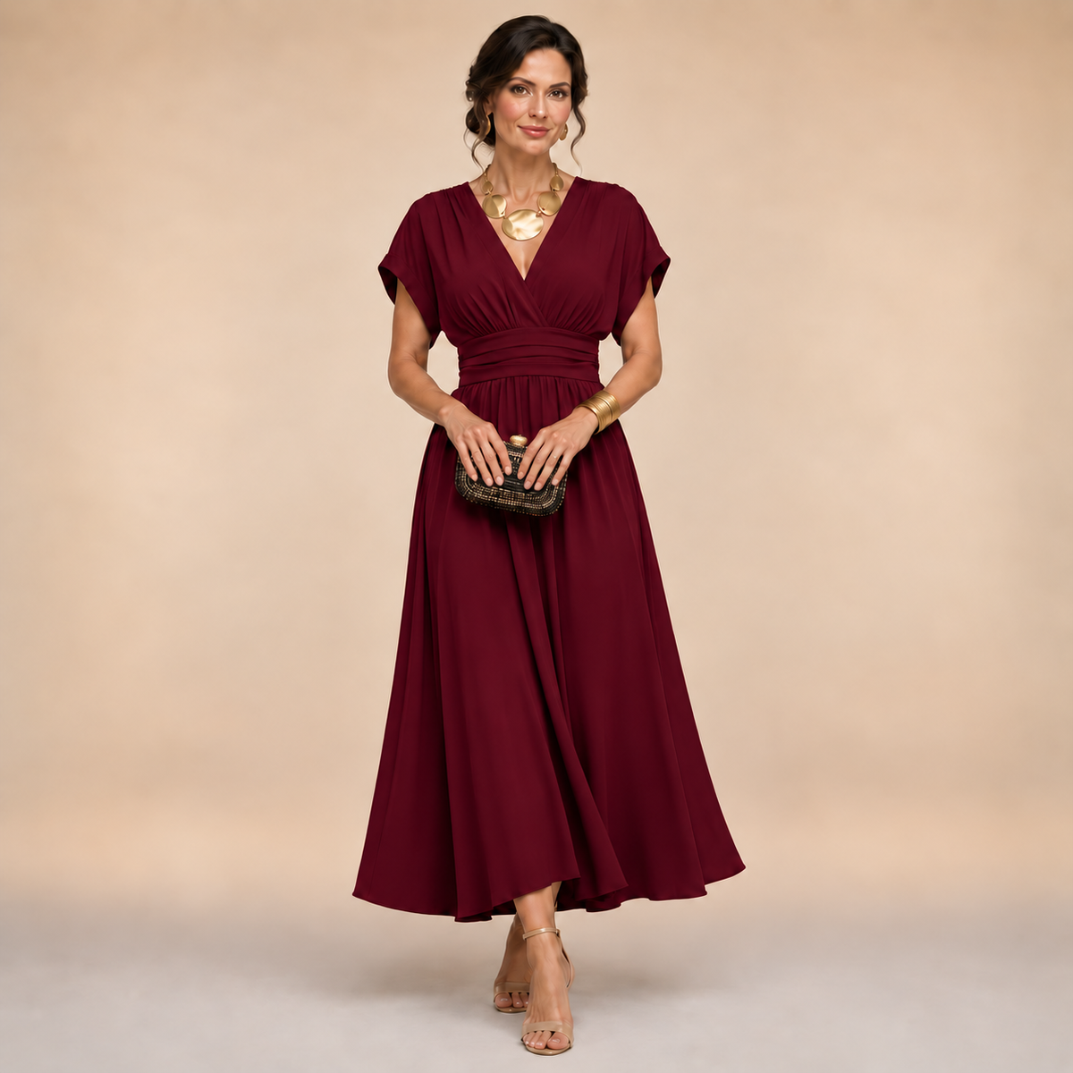 ELIZA & MAREN | V-NECK WRAP MIDI DRESS FOR WOMEN