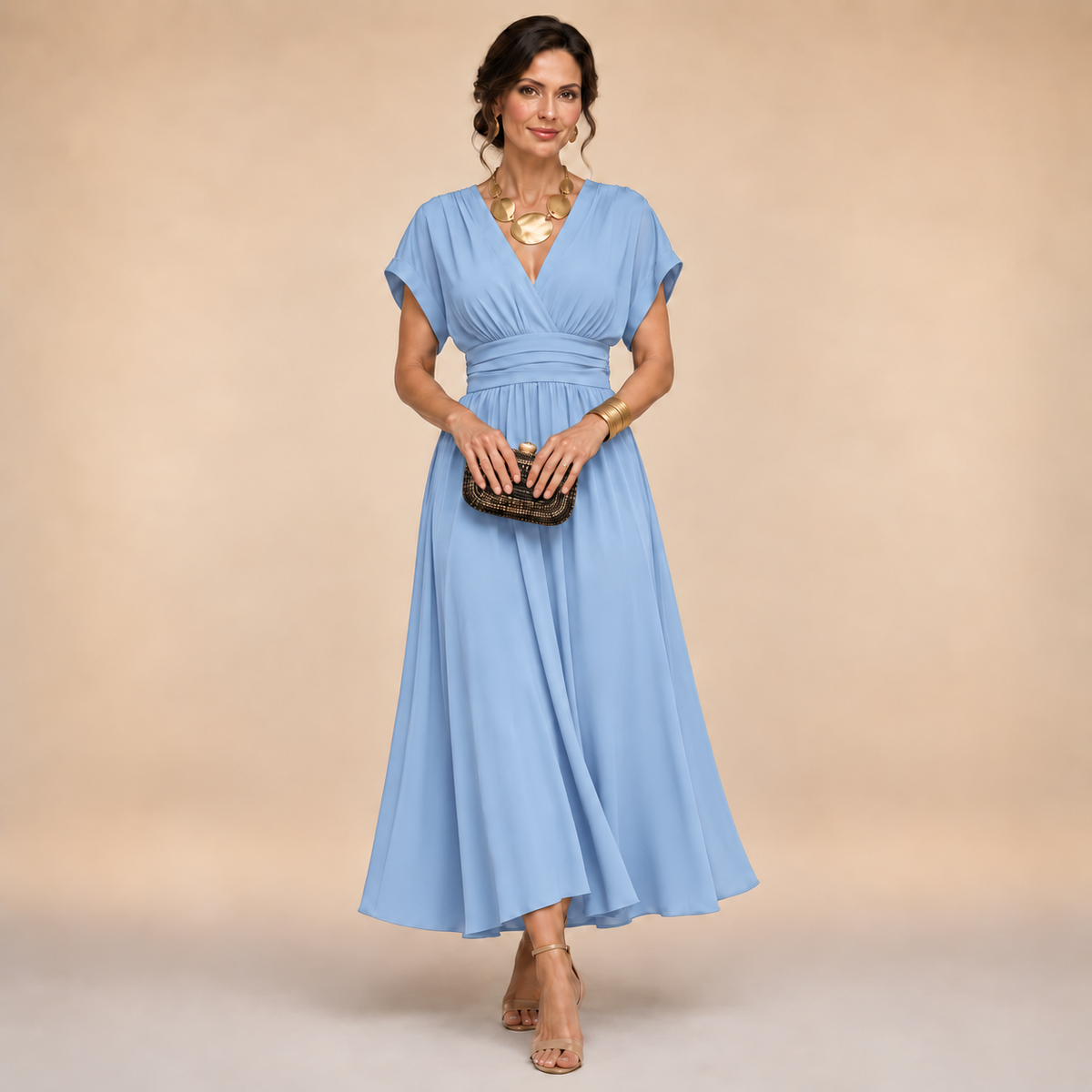ELIZA & MAREN | V-NECK WRAP MIDI DRESS FOR WOMEN
