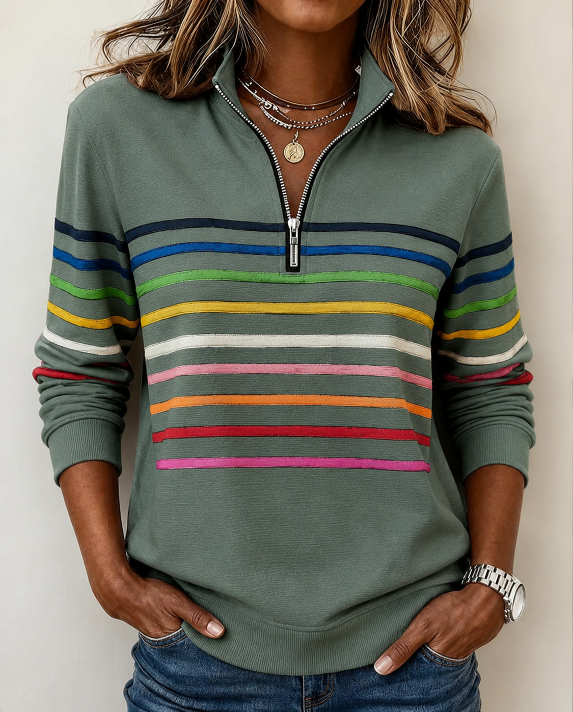 ELIZA & MAREN | STRIPED HALF-ZIP PULLOVER FOR WOMEN