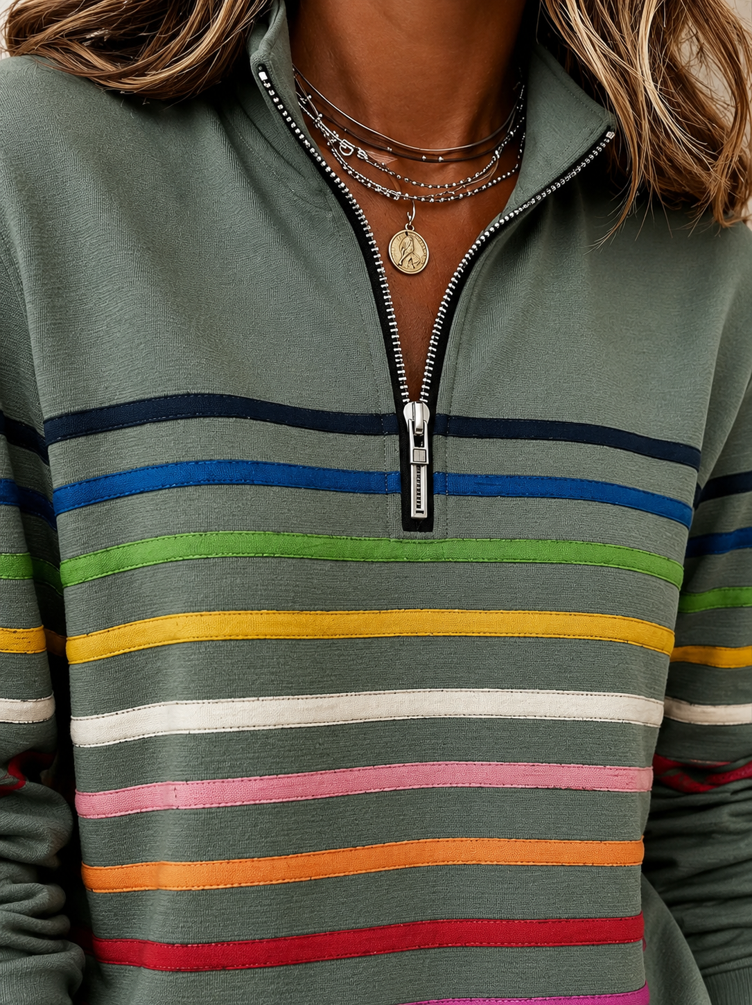 ELIZA & MAREN | STRIPED HALF-ZIP PULLOVER FOR WOMEN