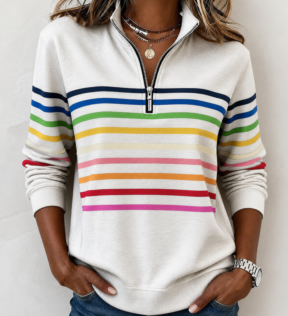 ELIZA & MAREN | STRIPED HALF-ZIP PULLOVER FOR WOMEN
