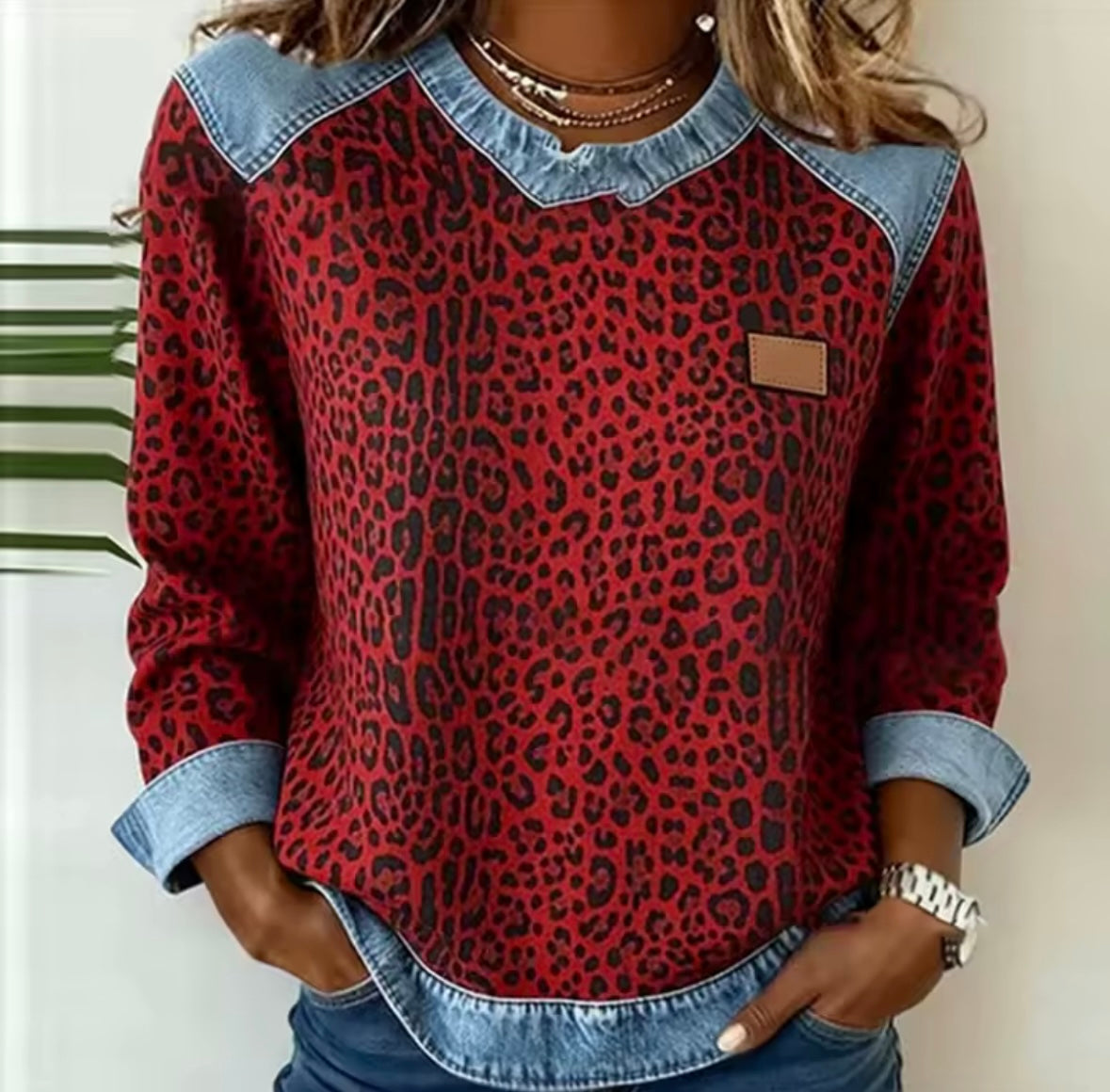 ELIZA & MAREN | LEOPARD CONTRAST TRIM SWEATER FOR WOMEN