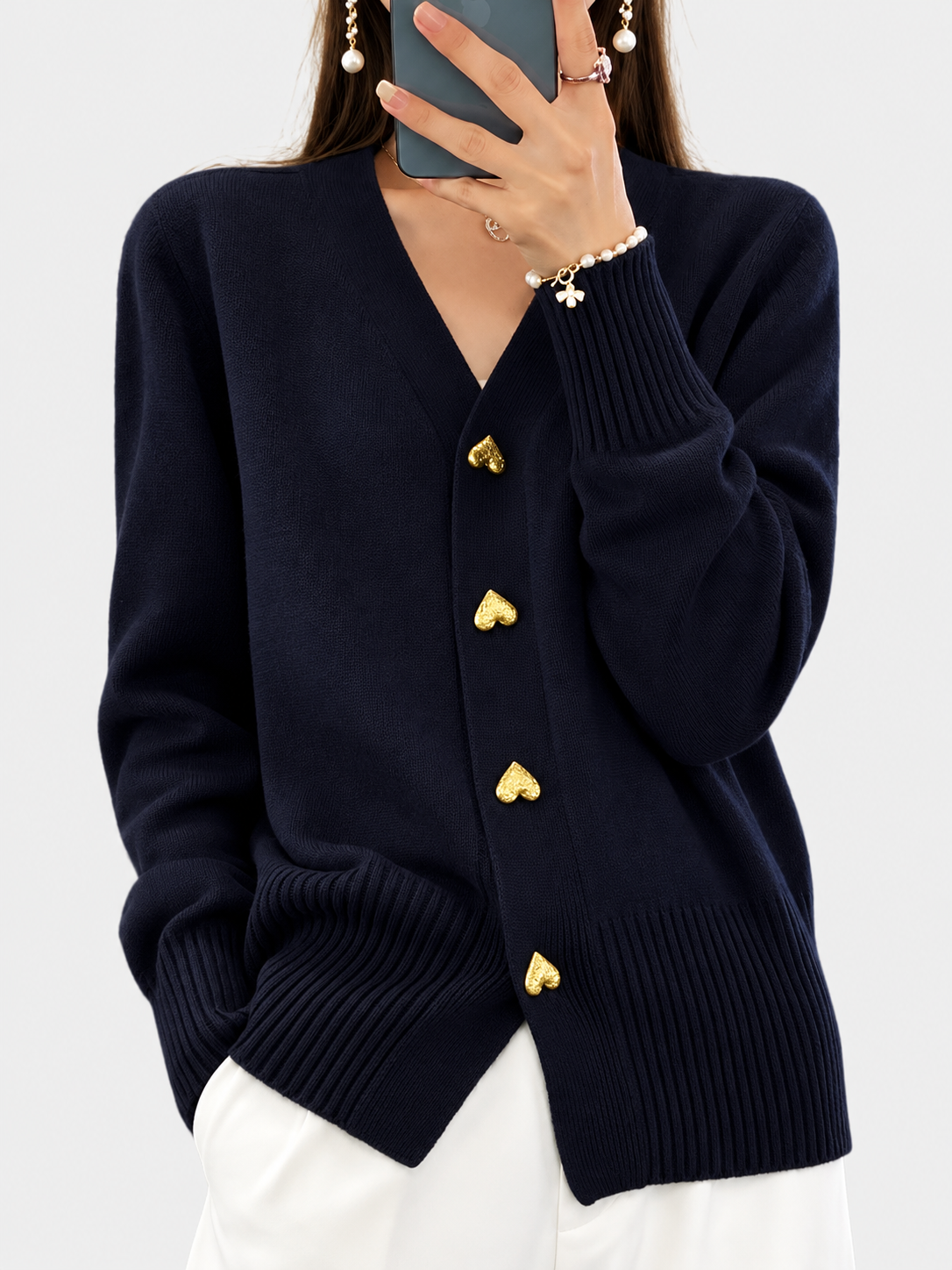 ELIZA & MAREN | GOLD HEART BUTTON CARDIGAN FOR WOMEN
