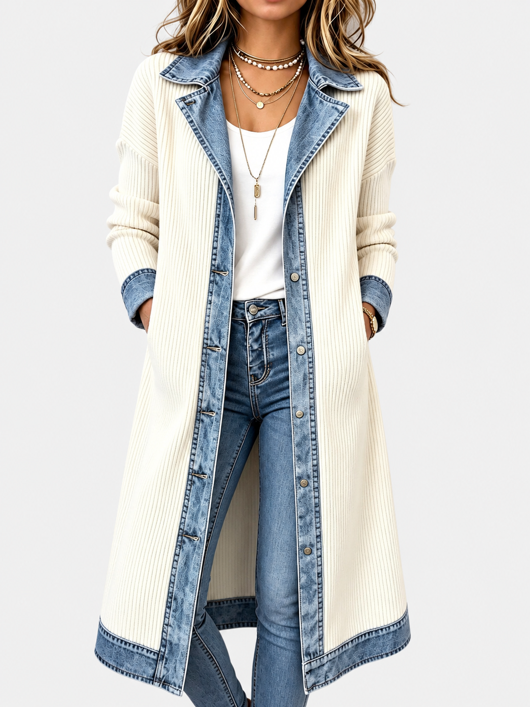 ELIZA & MAREN | LONG DENIM TRIM CARDIGAN FOR WOMEN