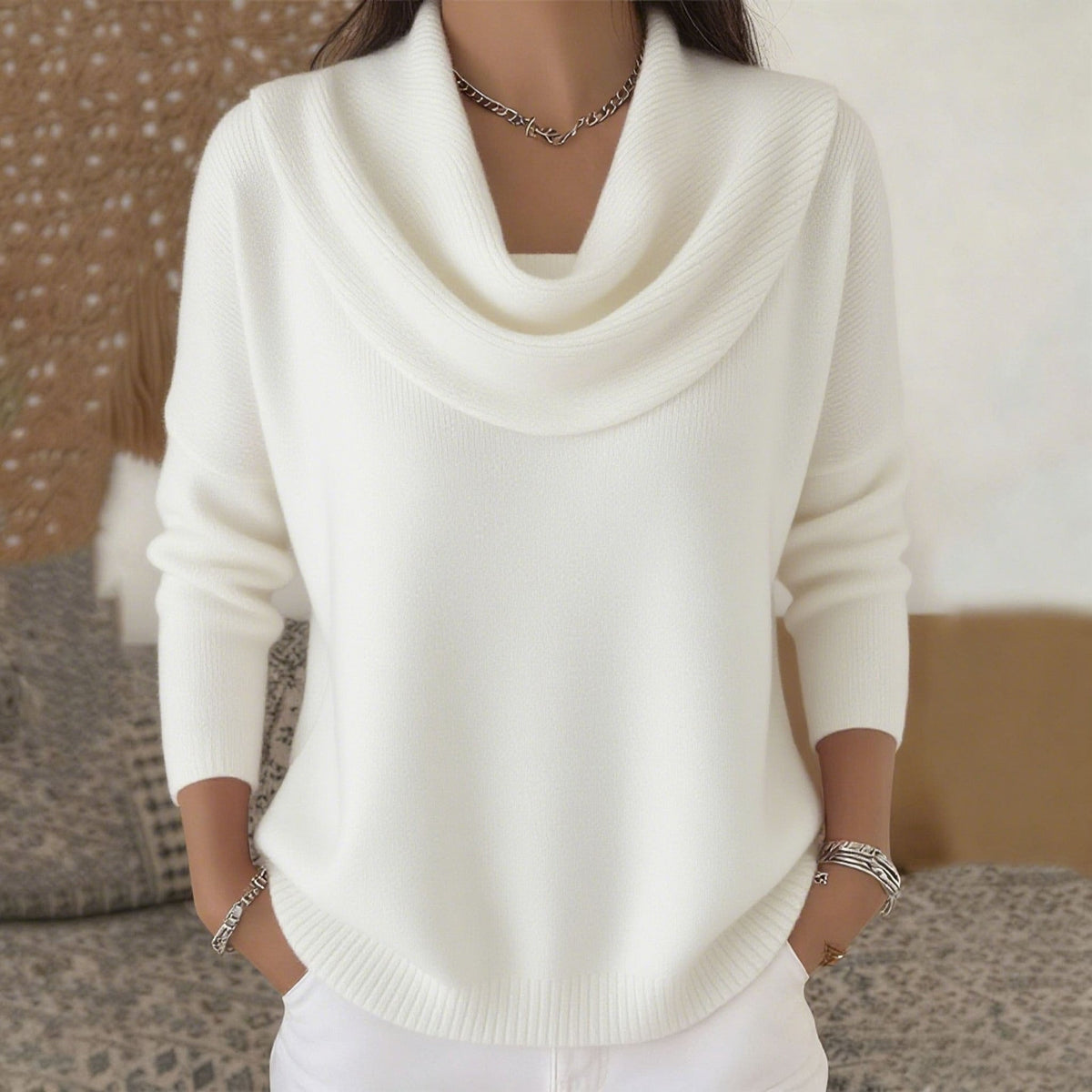 ELIZA & MAREN | DRAPED NECK KNIT SWEATER FOR WOMEN