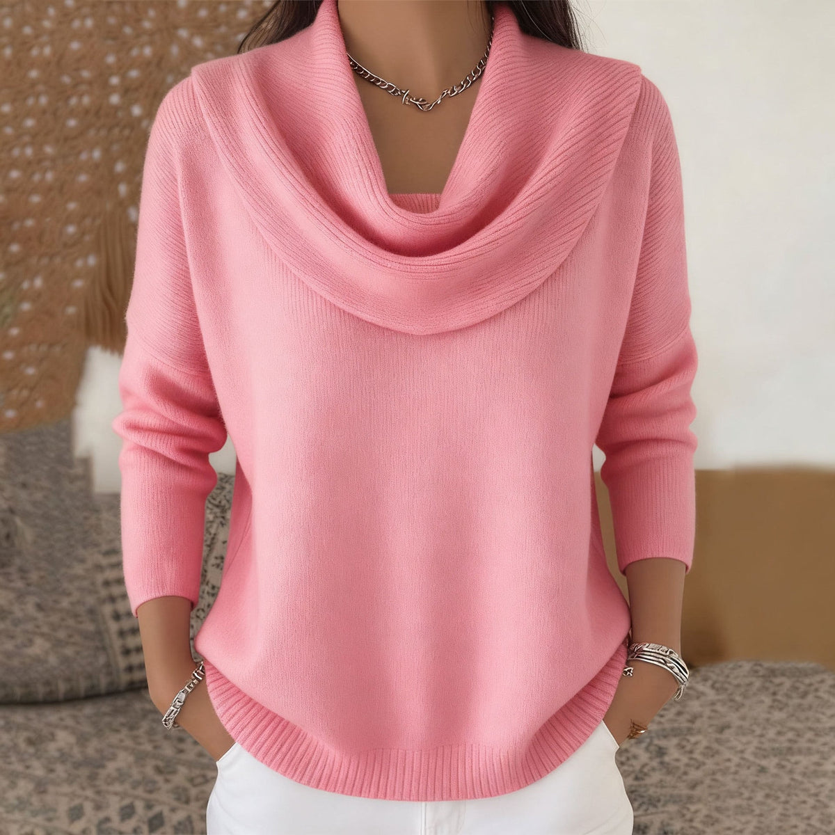 ELIZA & MAREN | DRAPED NECK KNIT SWEATER FOR WOMEN