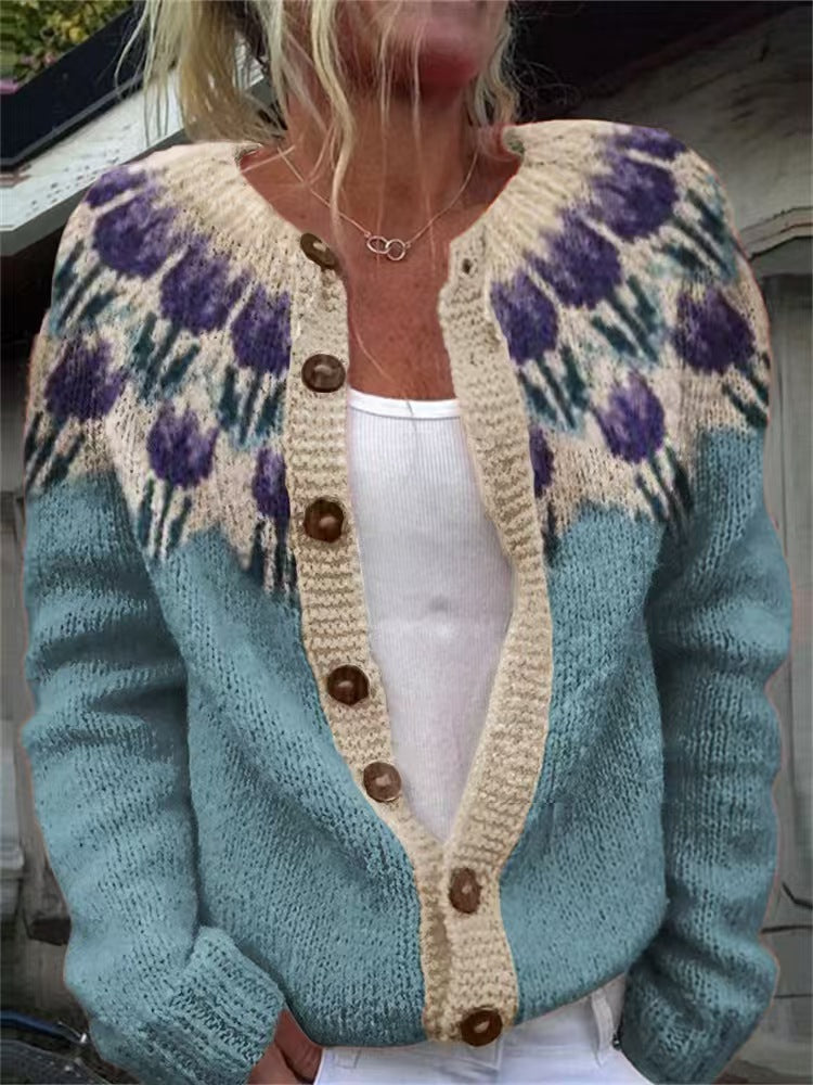 ELIZA & MAREN | FLORAL SHOULDER COLORBLOCK CARDIGAN FOR WOMEN
