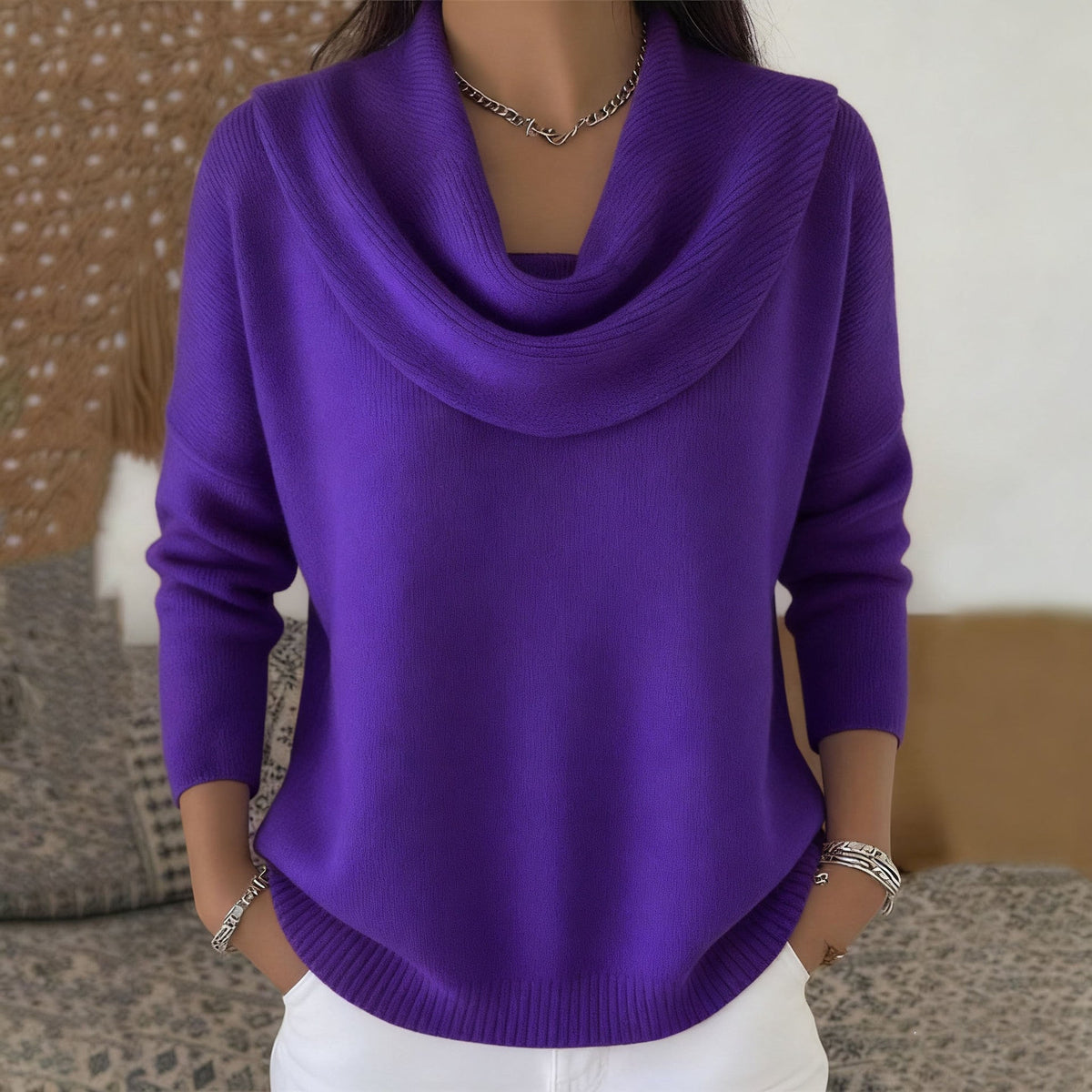ELIZA & MAREN | DRAPED NECK KNIT SWEATER FOR WOMEN