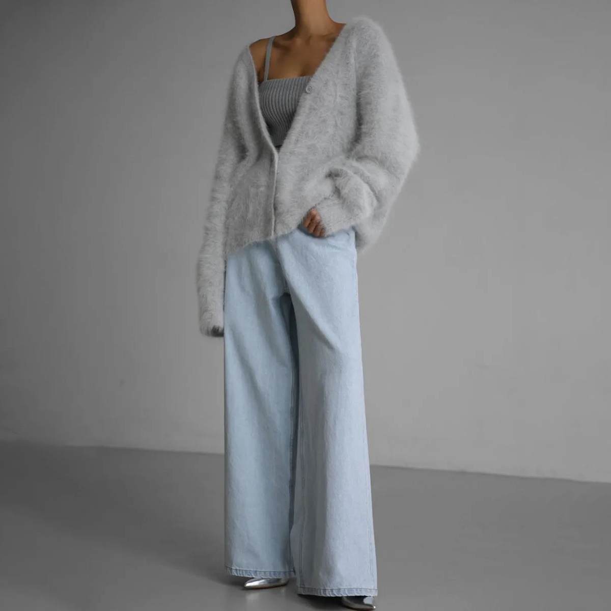 ELIZA & MAREN | BRUSHED MOHAIR BUTTON CARDIGAN FOR WOMEN