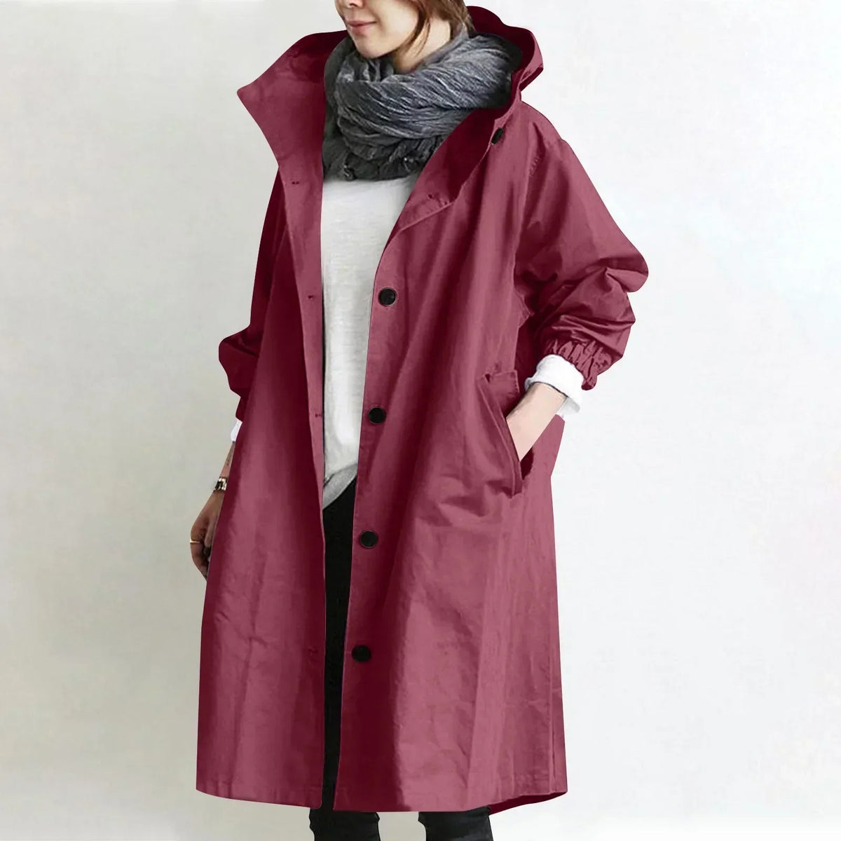 ELIZA & MAREN | HOODED BUTTON FRONT COAT FOR WOMEN