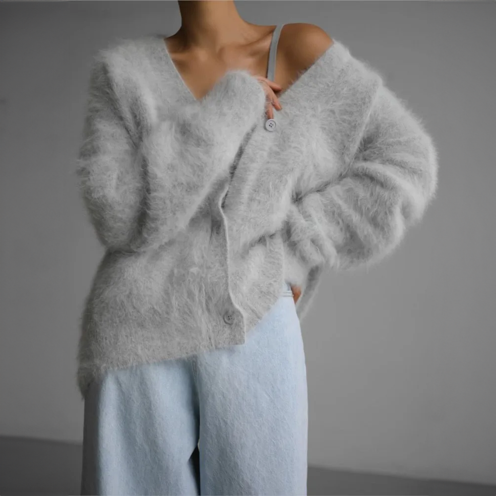 ELIZA & MAREN | BRUSHED MOHAIR BUTTON CARDIGAN FOR WOMEN