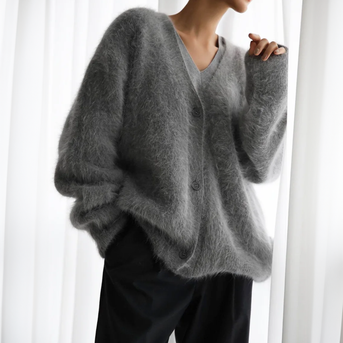 ELIZA & MAREN | BRUSHED MOHAIR BUTTON CARDIGAN FOR WOMEN