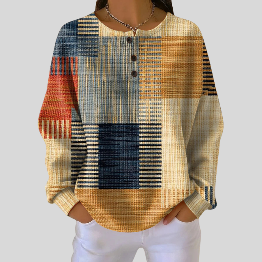 ELIZA & MAREN | GEOMETRIC PATCHWORK BUTTON SWEATSHIRT FOR WOMEN
