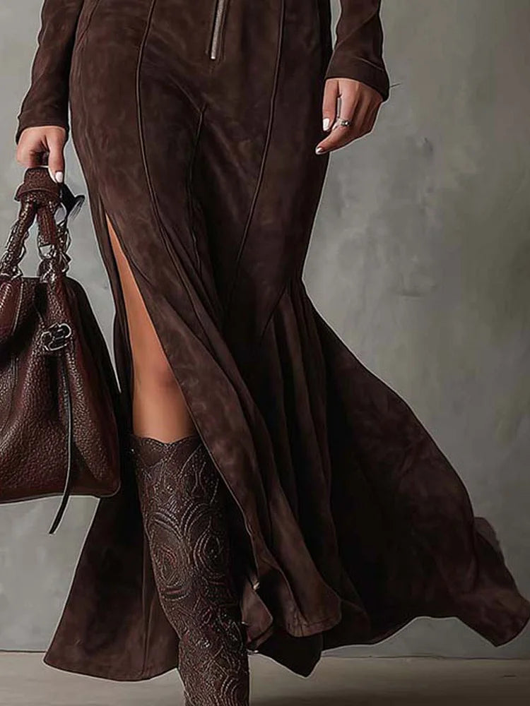 ELIZA & MAREN | LONG BROWN BELTED DRESS FOR WOMEN