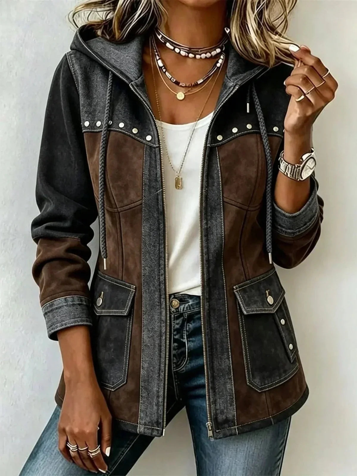ELIZA & MAREN | CONTRAST PANEL HOODED JACKET FOR WOMEN