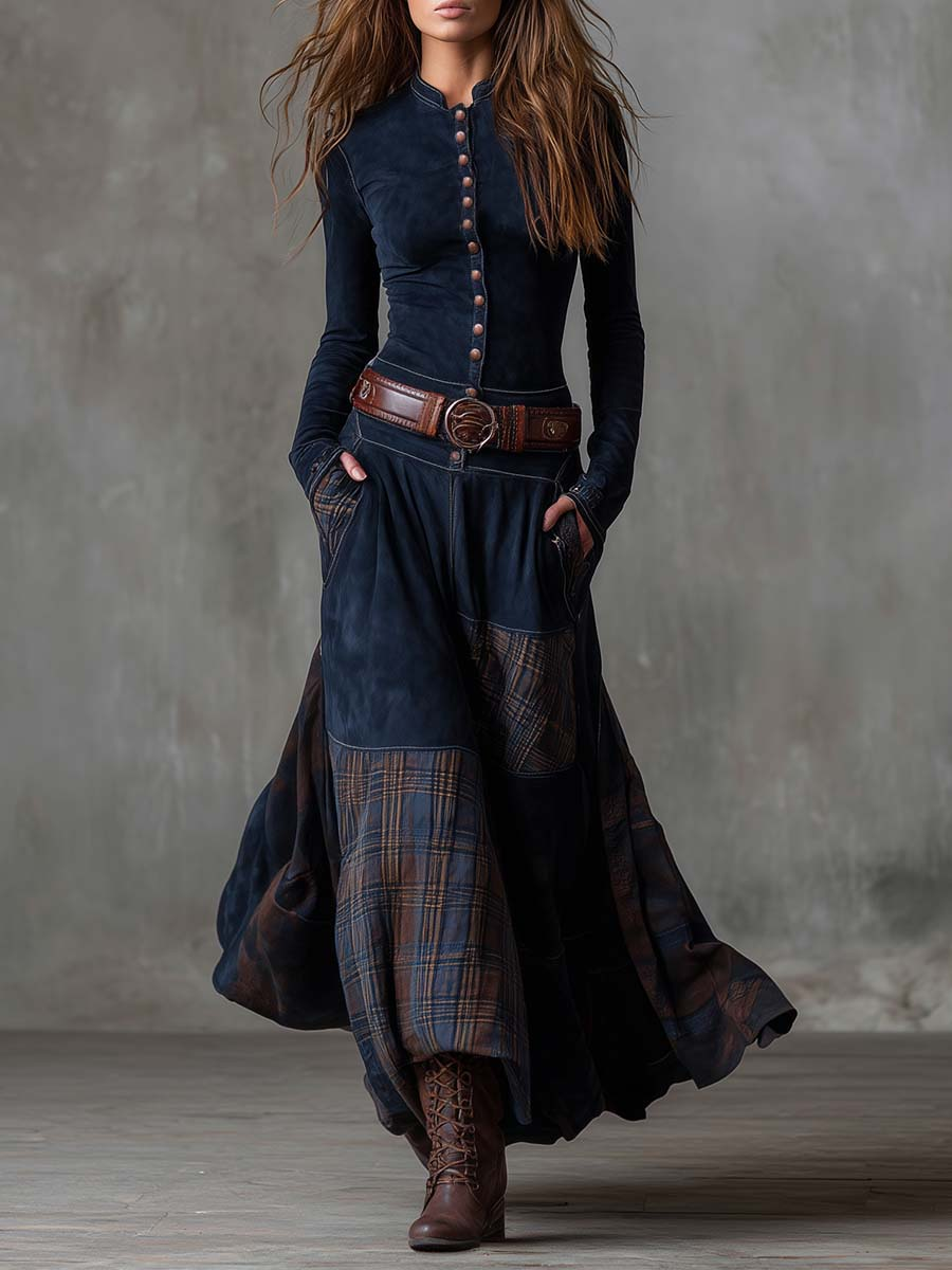ELIZA & MAREN | BELTED CHECK PANEL DRESS FOR WOMEN