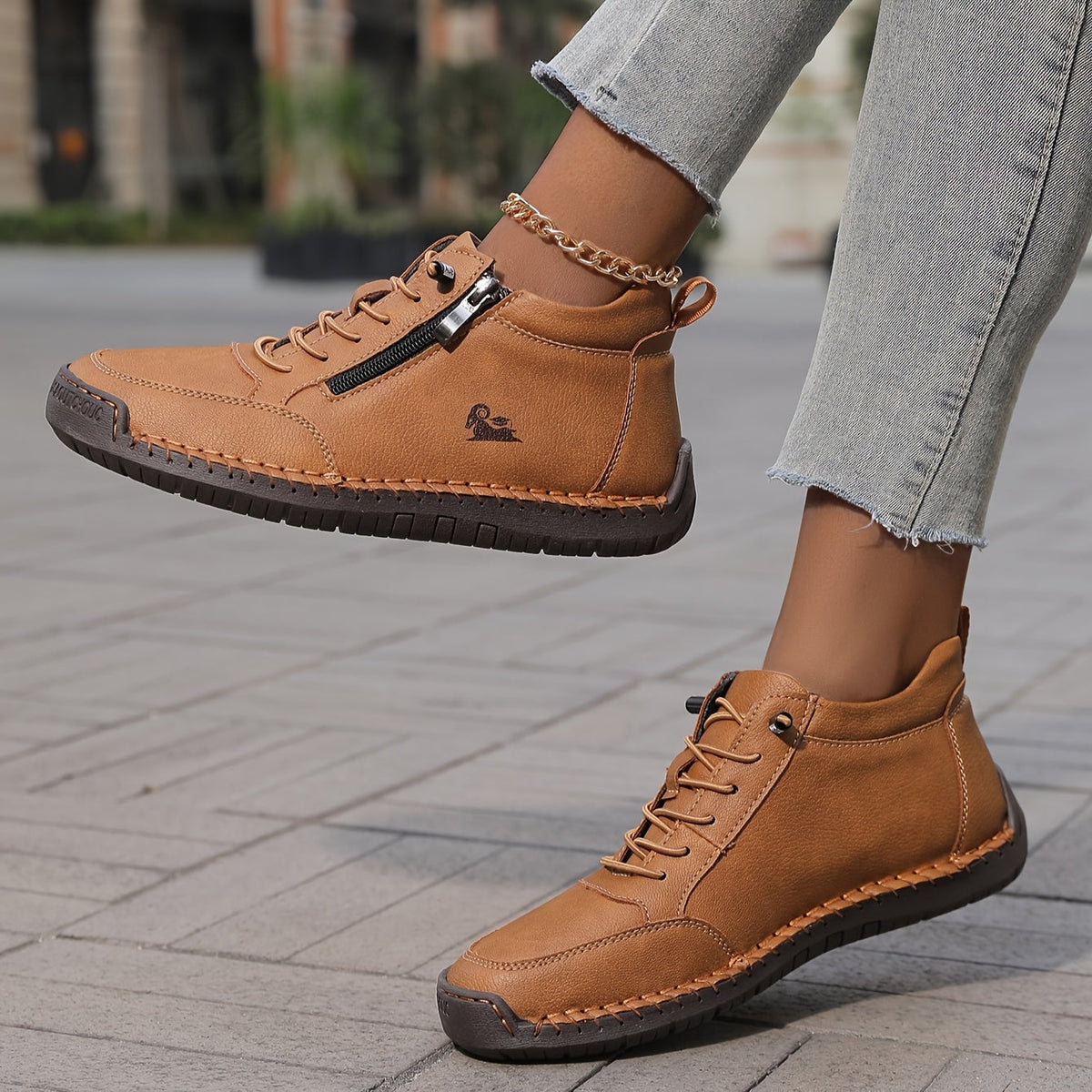 ELIZA & MAREN | TAN LACE-UP WALKING SHOES FOR WOMEN