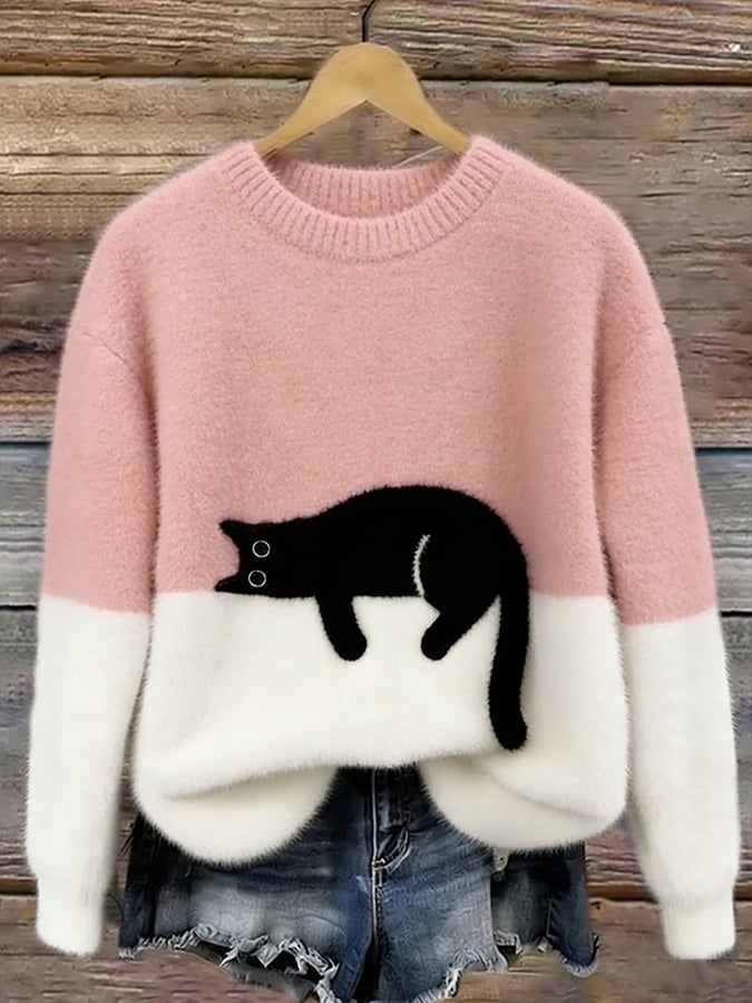 ELIZA & MAREN | OVERSIZED CAT PRINT SWEATER FOR WOMEN