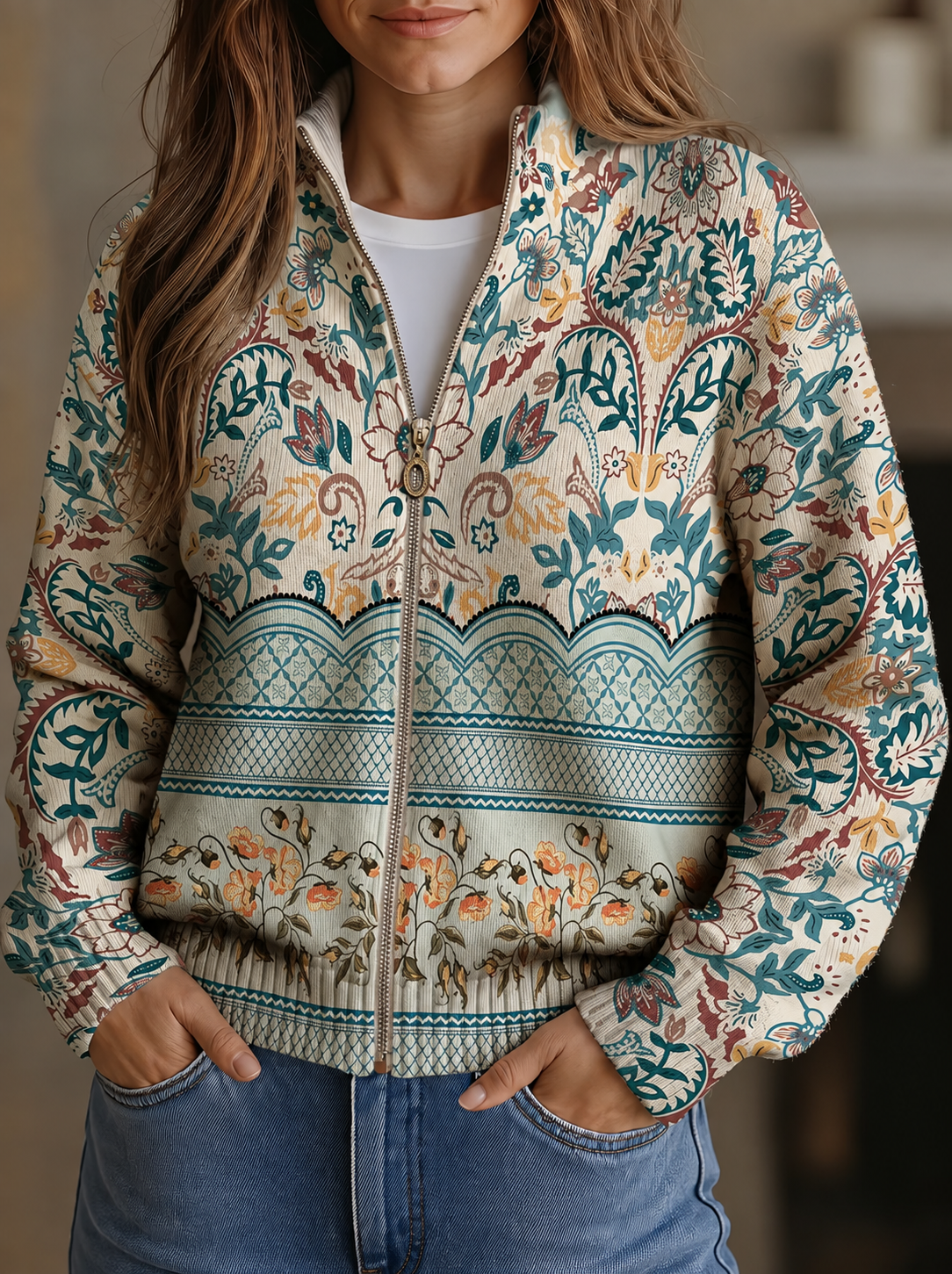 ELIZA & MAREN | BOTANICAL BORDER ZIP CARDIGAN FOR WOMEN
