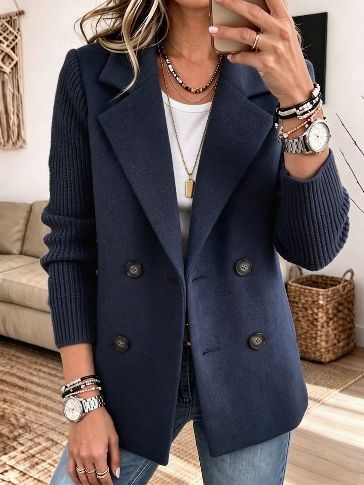 ELIZA & MAREN | BLUE RIBBED SLEEVE BLAZER FOR WOMEN