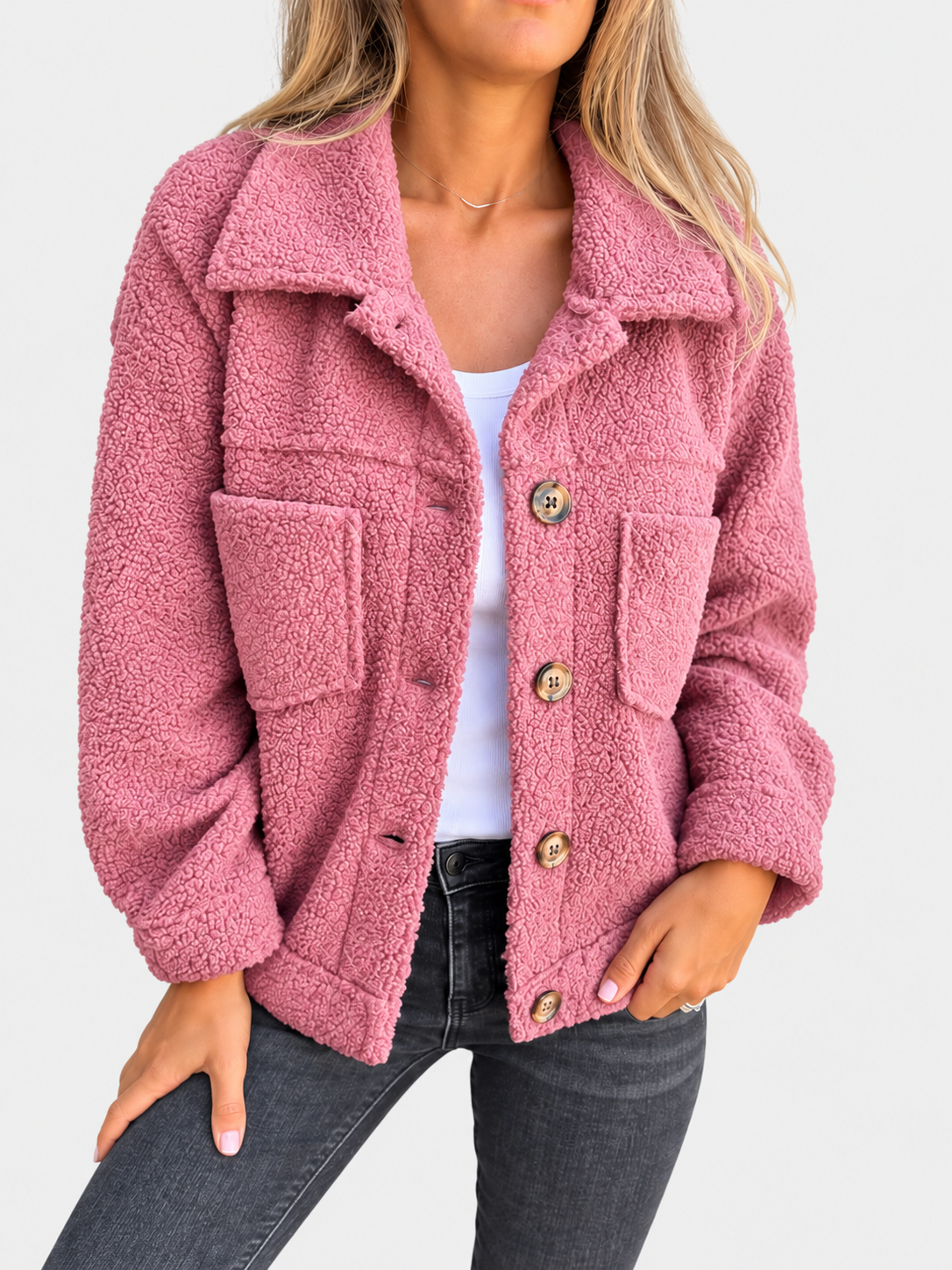 ELIZA & MAREN | PINK BOUCLE BUTTON JACKET FOR WOMEN