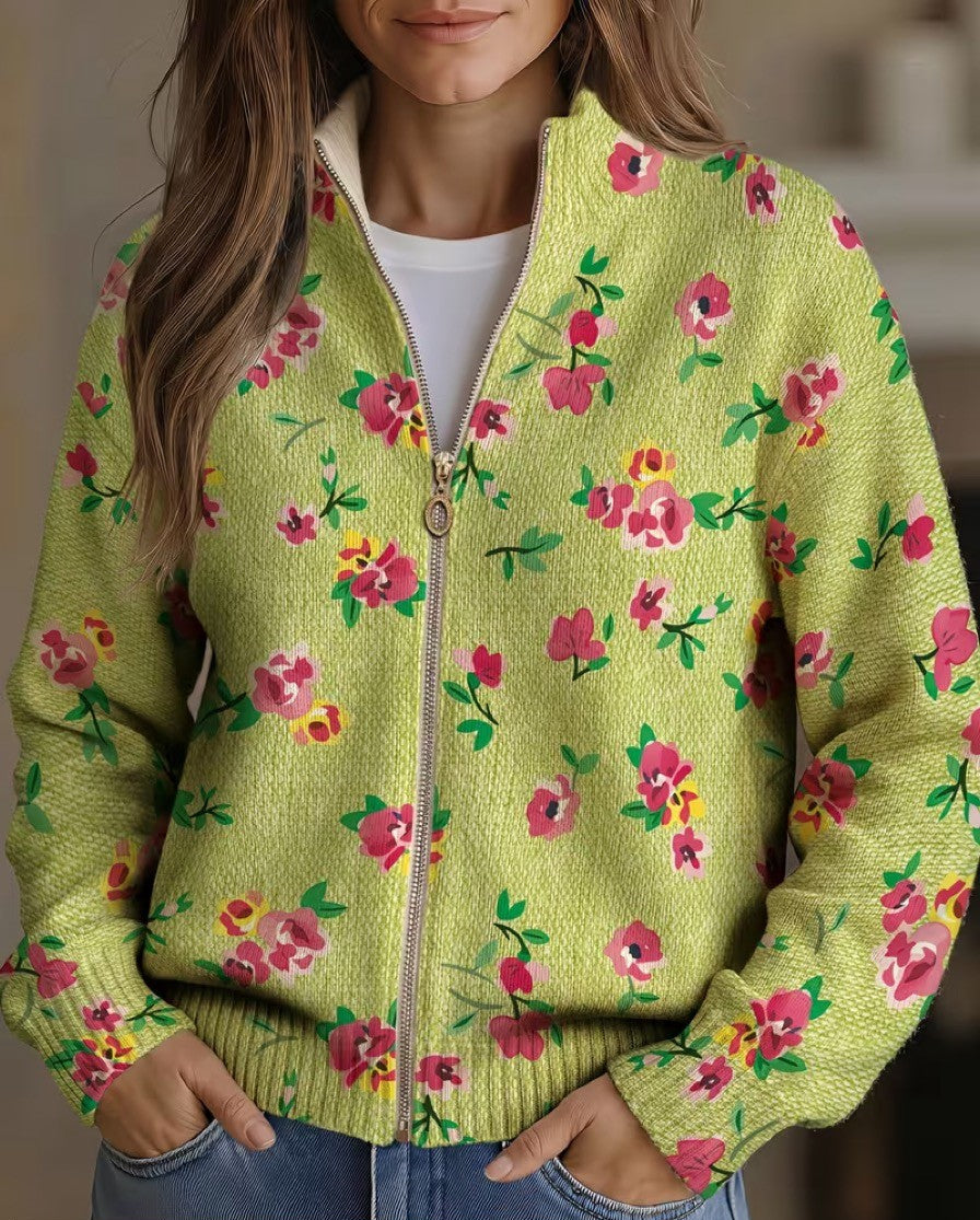 ELIZA & MAREN | PINK FLORAL ZIP CARDIGAN FOR WOMEN