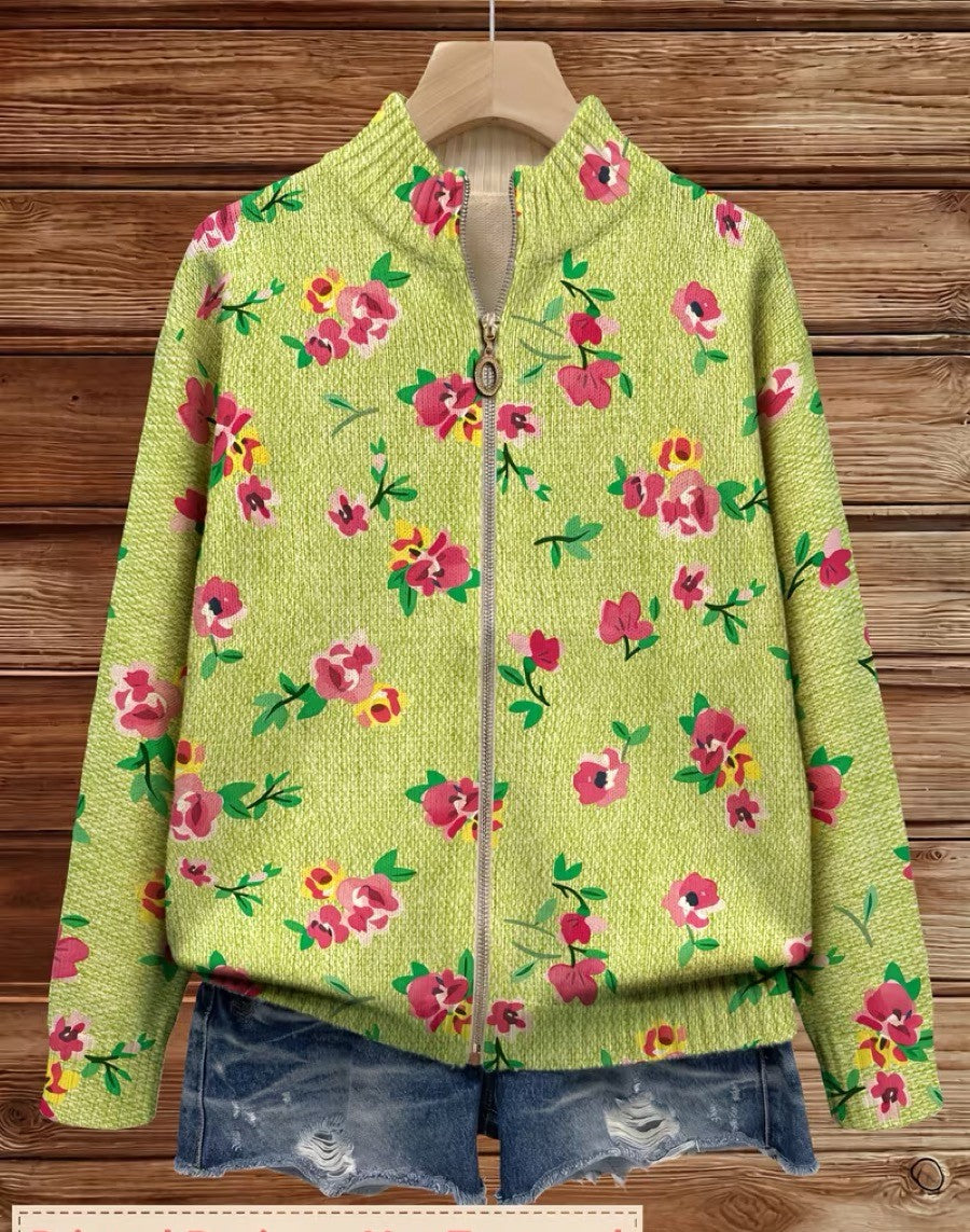 ELIZA & MAREN | PINK FLORAL ZIP CARDIGAN FOR WOMEN