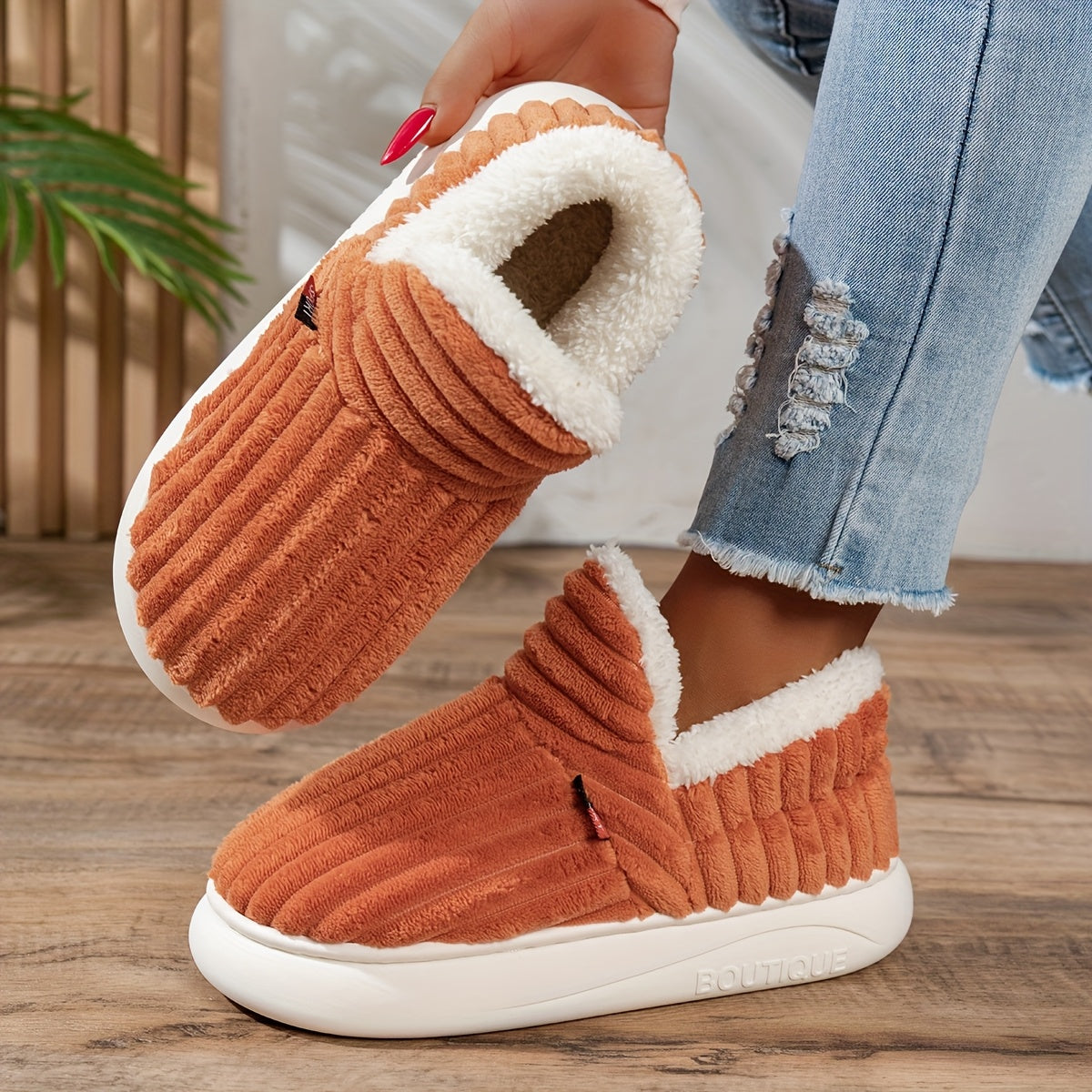 ELIZA & MAREN | STRIPED PLUSH HOUSE SLIPPERS FOR WOMEN