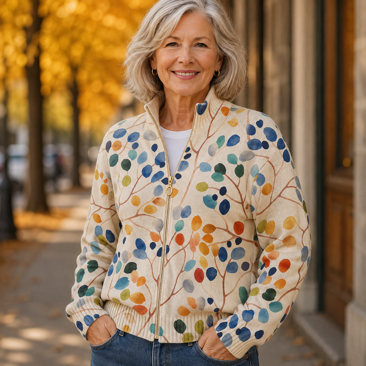 ELIZA & MAREN | BOTANICAL LEAF ZIP CARDIGAN FOR WOMEN