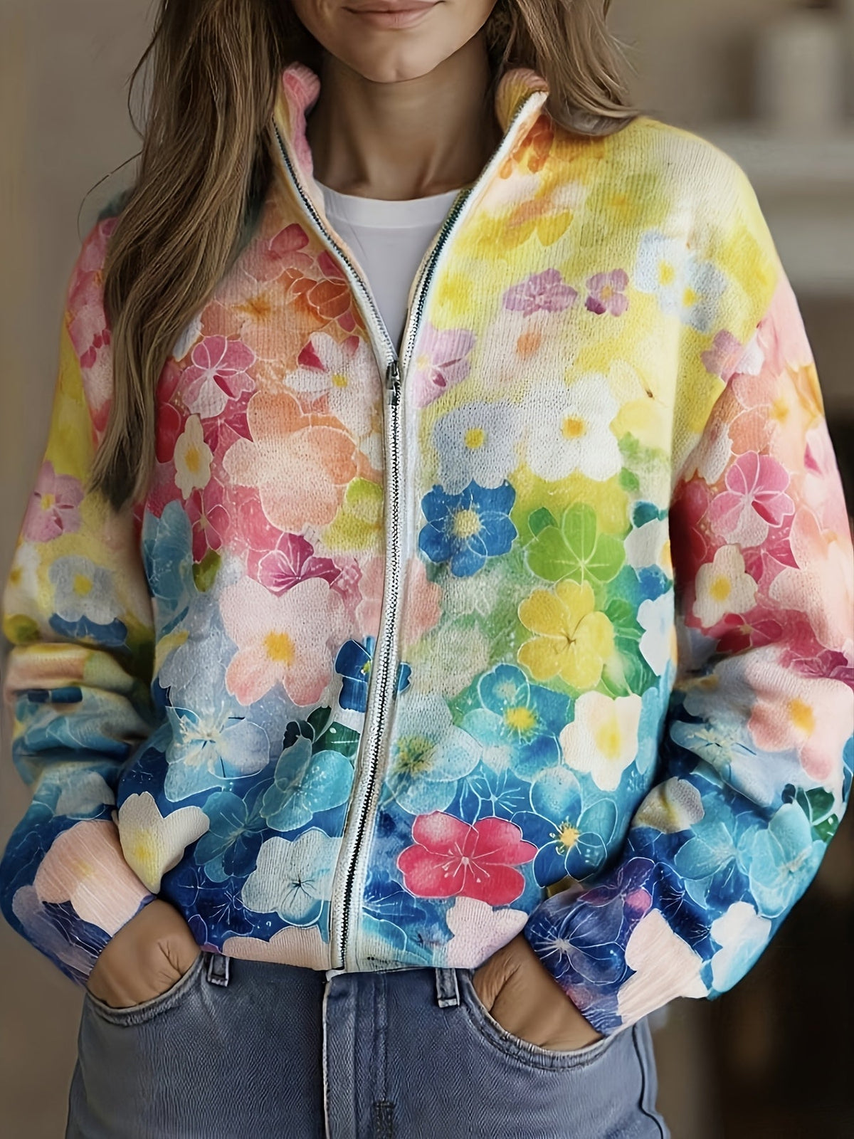 ELIZA & MAREN | OMBRE FLORAL ZIP CARDIGAN FOR WOMEN