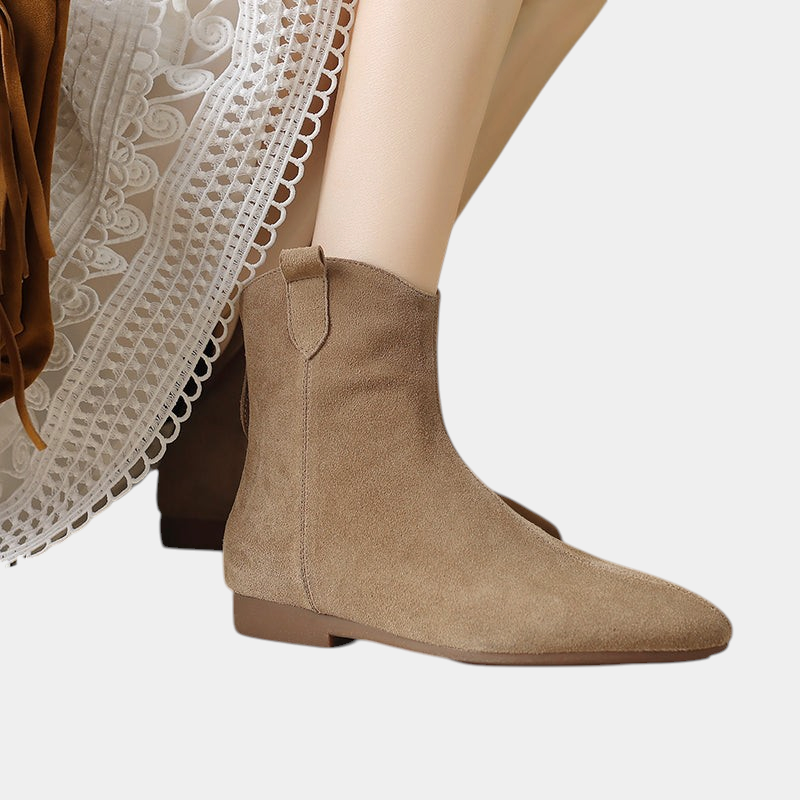 ELIZA & MAREN | POINTED CHELSEA ANKLE BOOTS FOR WOMEN on light gray background