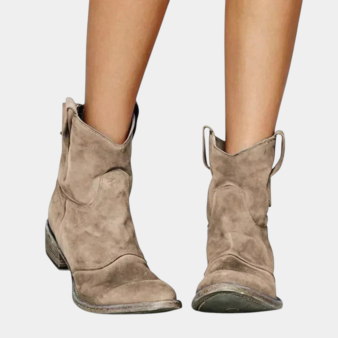 ELIZA & MAREN | WESTERN STITCH ANKLE BOOTS FOR WOMEN on light gray background